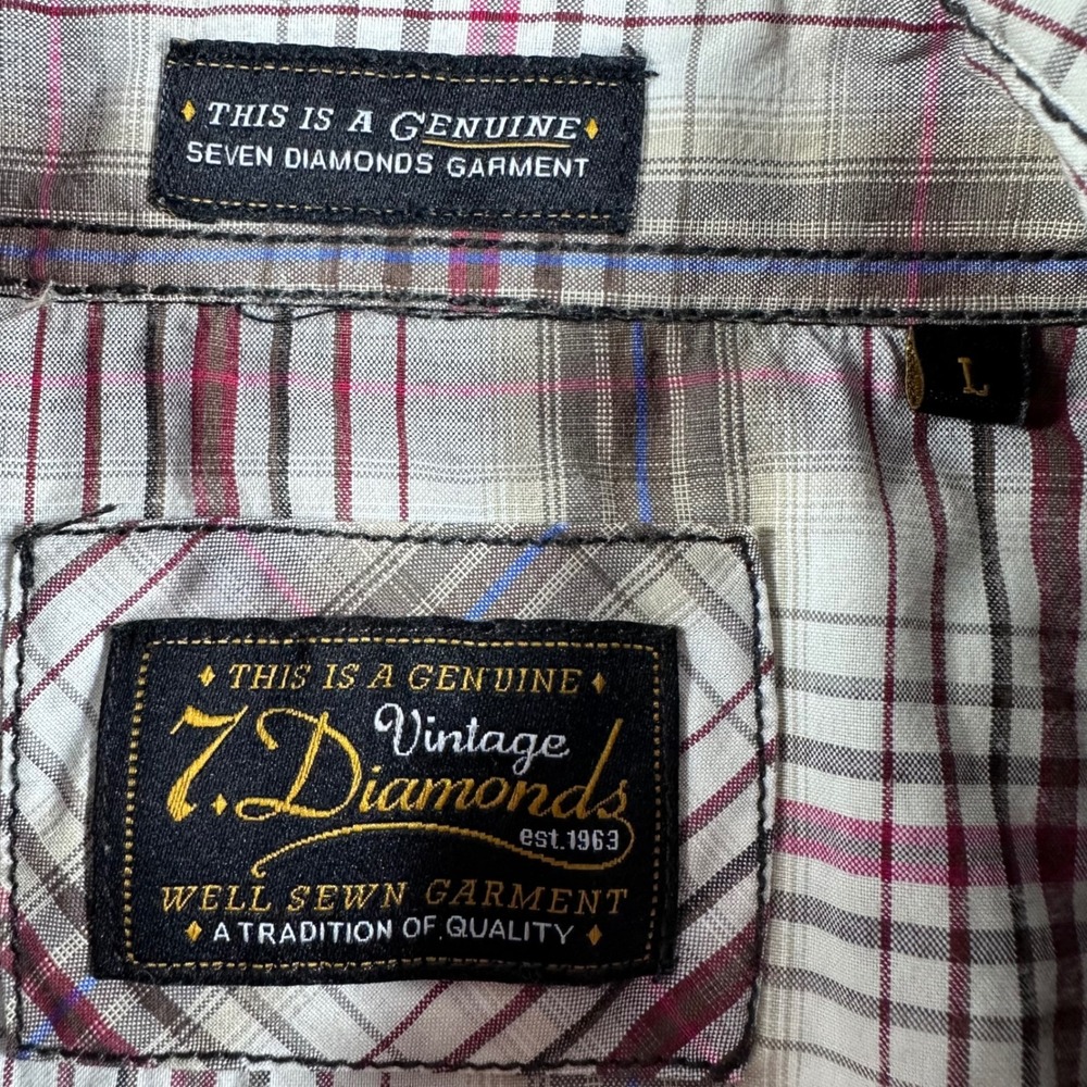 7 Diamonds Afterglow Mens Large Plaid Western Snap Short Sleeve Shirt Tan Red - Picture 2 of 13